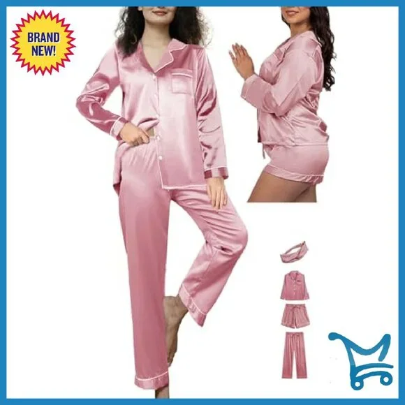 Silk Satin Pajama Set 4-Piece Long Sleeve V-Neck Lounge Sleepwear